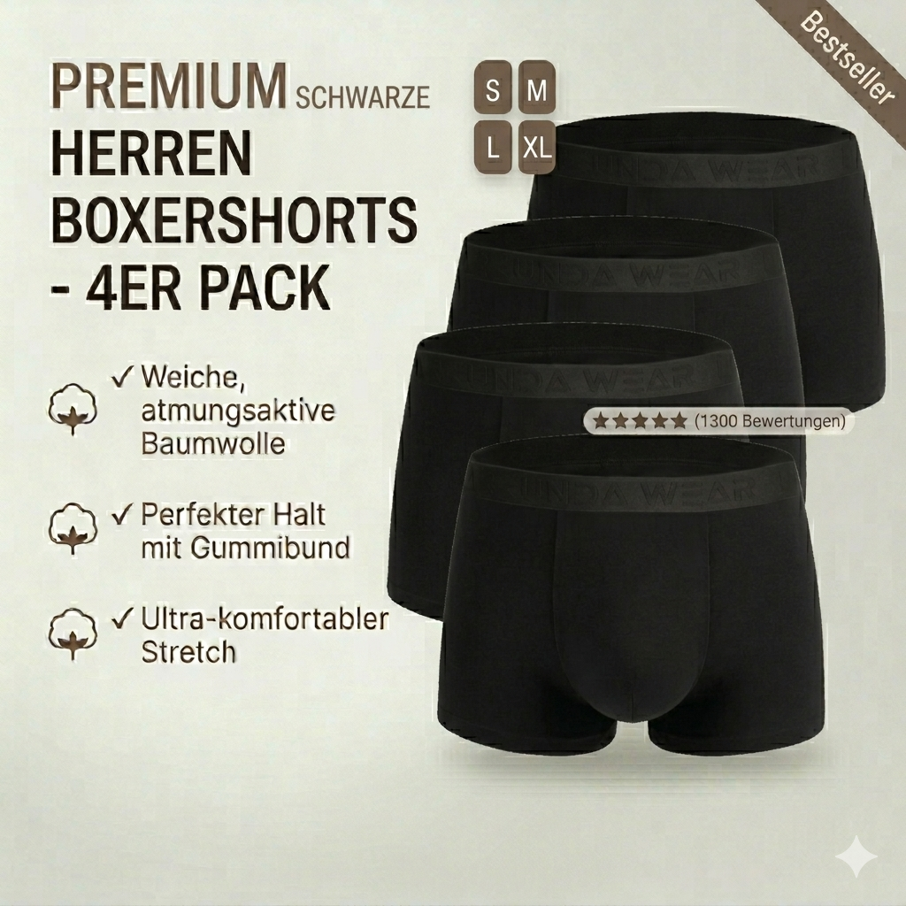 Boxershorts Herren | Aus gekämmter Baumwolle | 4 Pack Schwarz